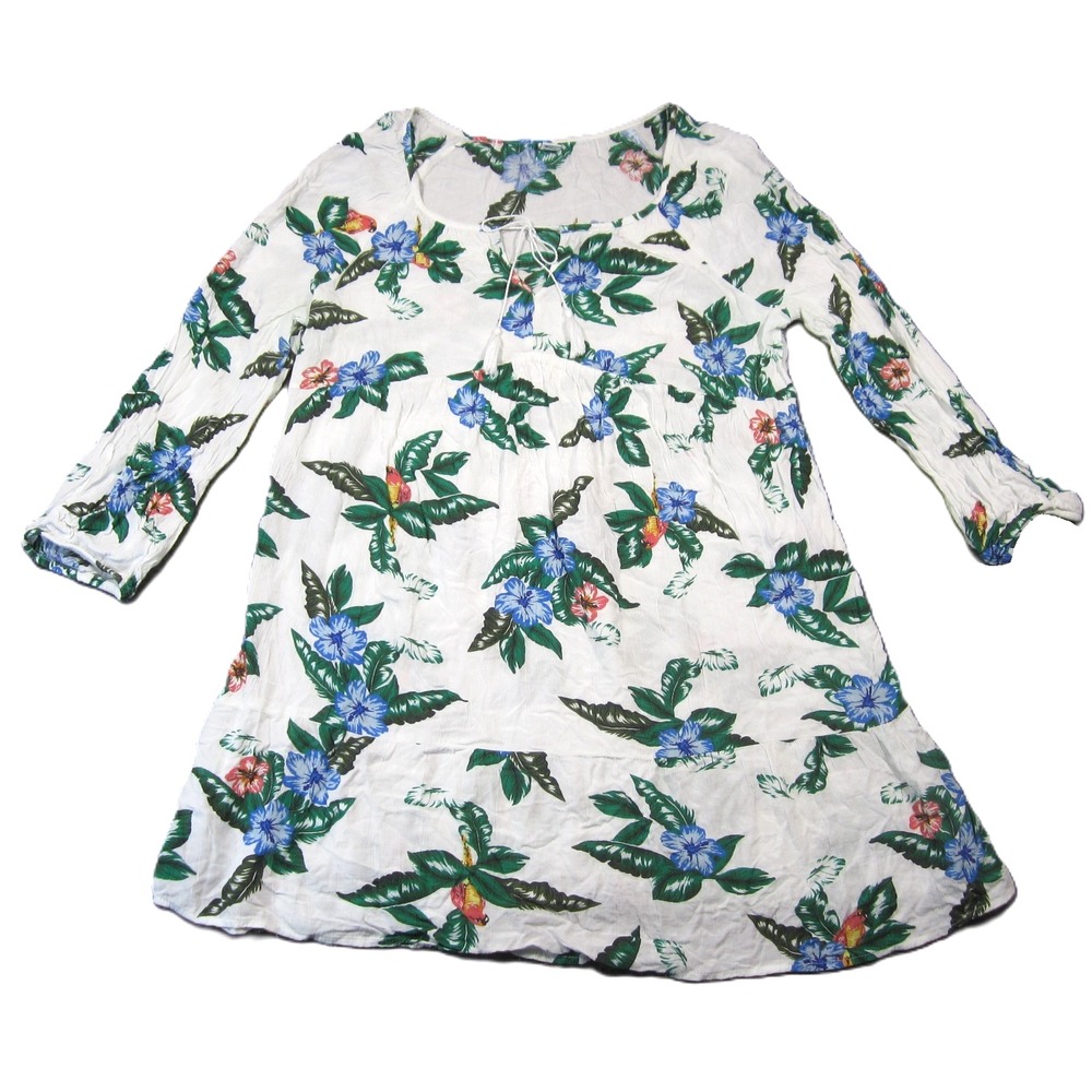 Old Navy‎ Dress L White Tropical Long Sleeve Swing Mini Tassel Tie Swim Cover Up